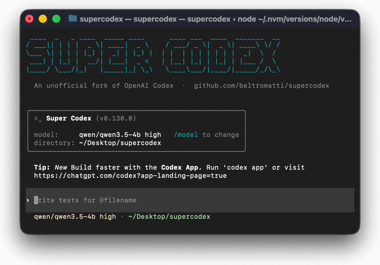 Super Codex welcome screen: ASCII SUPER CODEX banner, active model, working directory and prompt input